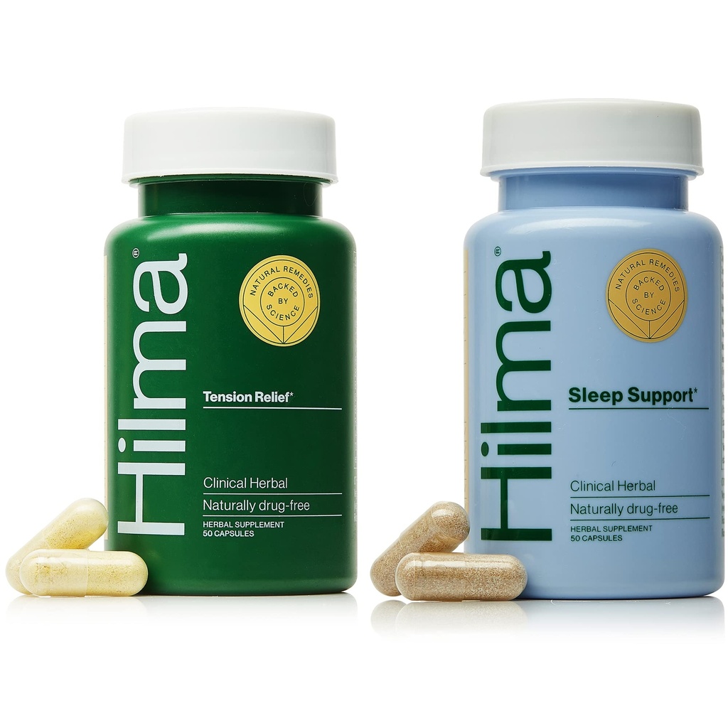 Hilma Natural tension maux de tête + Supplément de soutien du sommeil, 50 capsules végétaliennes dans chaque bouteille