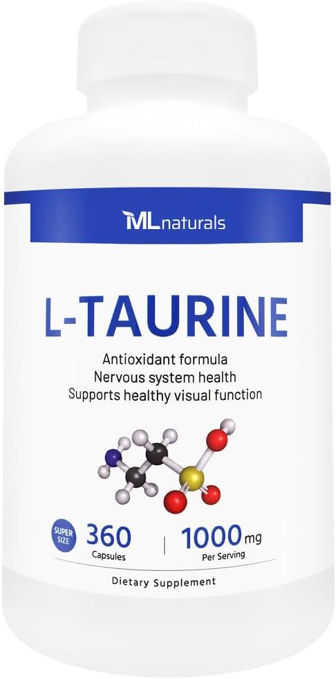ML Naturals L-Taurine 1000 mg 360 Kapseln. 99,9% Reinheit L-Taurine. Nervous System Health & Antioxidant Support, NSF-zertifiziert & cGMP-konform.