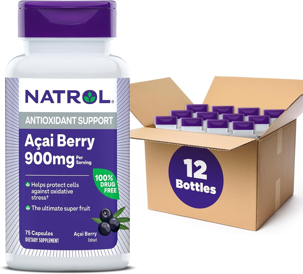 Natrol Acai Berry, Supplément diététique, Antioxydant Protection & Défense, Le Super Fruit Ultime, 900 mg Capsules de Véggie, 75 Compte (paquet de 12)