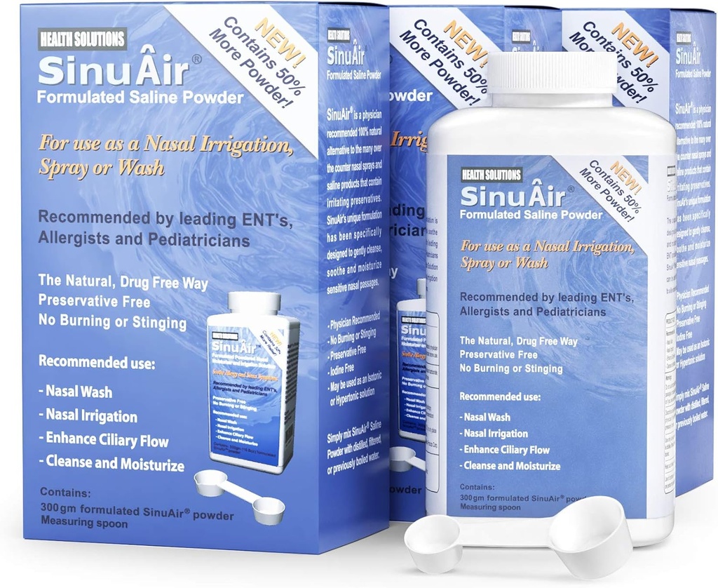 Solution de sel de rinçage de sinus - Poudre saline pour système SinuPulse, Neti Pot Flush, Nasal Wash Squeeze Bouteille, et Irrigation du nez, Formulation et nettoyage améliorés pour les sinus, 300g Bouteille (3-Pack)