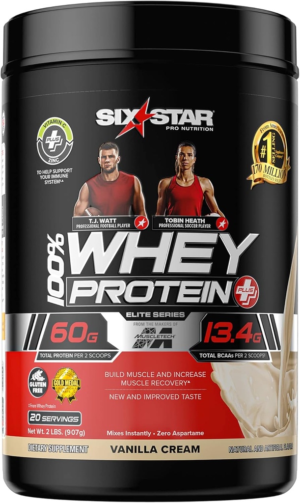 Whey Protein Powder + Immununterstützung | Six Star Whey Protein Plus | Whey Protein Isolate & Peptide + Muskelaufbau | Lean Protein Pulver für Muskelaufbau & Recovery | Vanille, 2 lbs