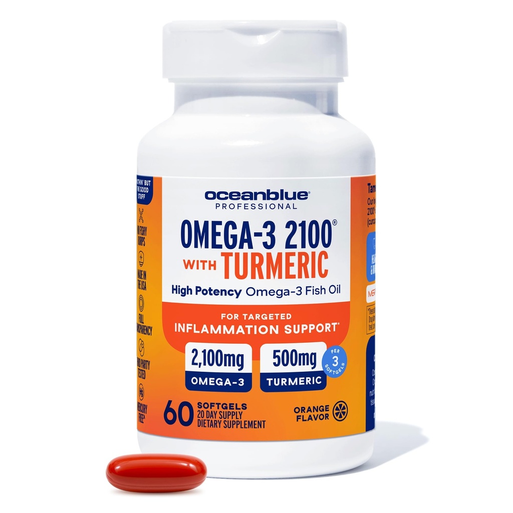 Oceanblue 2100 Triple Stärke Omega-3 Fischöl mit Turmeric | Burpless Omega 3 Combo Ergänzung mit Curcumin EPA DHA DPA| Herz und Joint Support | 60 Softgels