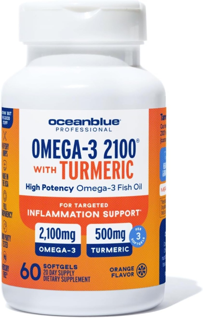 Oceanblue 2100 Triple Strength Omega-3 Huile de poisson avec un supplément de Combo Omega 3 sans Burpless avec Curcumin EPA DHA DPA.