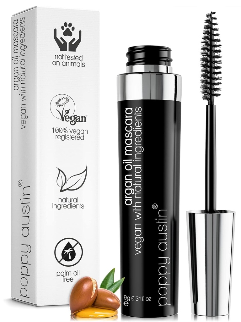 Poppy Austin Organic Mascara, Natural, Vegan, Paraben-Free, Cruelty-Free - Allergiker Mascara Verlängerung & Volumizing mit Argan Öl - 0.31 Fl Oz (Schwarz)
