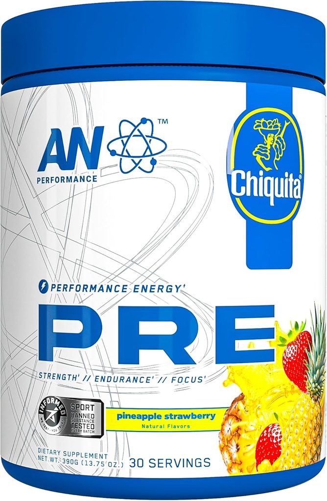 AN Performance Pre-Workout Powder Supplement für Männer & Frauen | Energy Drink Mix mit 300mg Koffein + Beta Alanine + Citrulline | Third-Party Getestet | Erdbeer Ananas | 30 Servietten