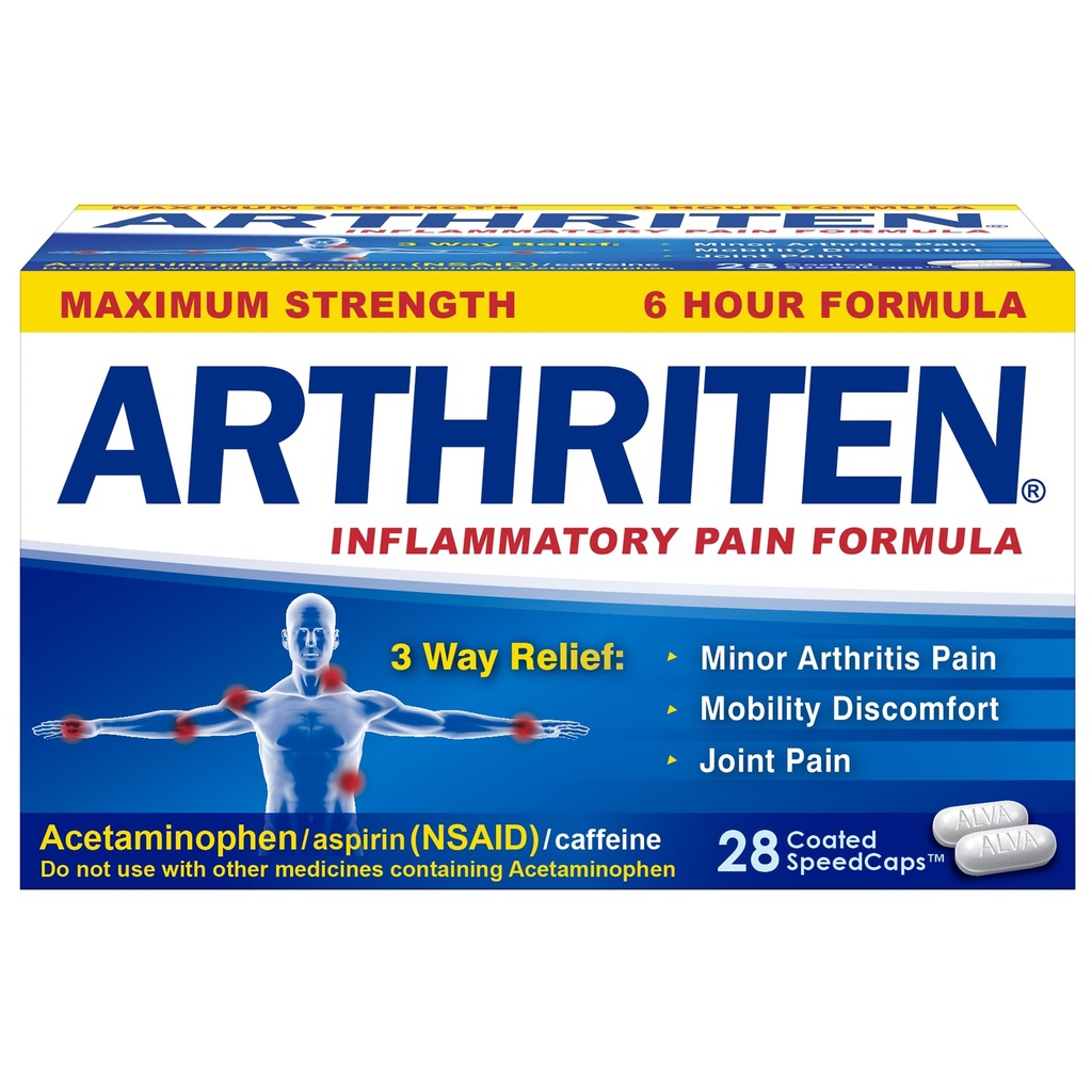 Inflammatory Pain Formula Caplets with 3 Active Ingredients: Aspirin, Acetaminophen & Caffeine, White, 28 Count (Pack of 1)