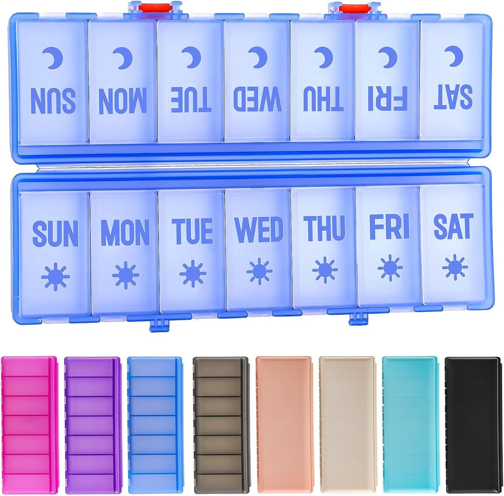 Organisateur de pilules pliables 2 fois par jour avec/étiquettes imprimées -Doual Protection & Portable Weekly AM Pill Box, conteneur de médicaments de 7 jours, grand cas de pilule de voyage pour supplément quotidien semaine Vitamine - Bleu clair