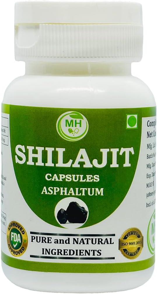 Shilajit (Asphaltum) Capsules, Pack of 1 x 60 x 500 mg .Veg. Capsules, Containing Pure and Natural Herbs