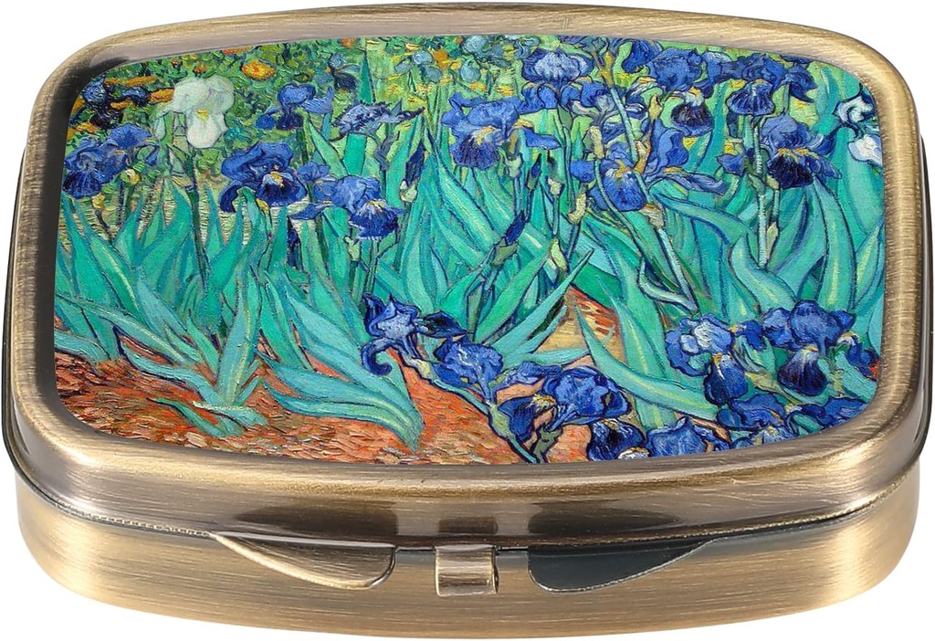 Boîte à pilules Dynippy avec miroir Retro Pocket 2 Compartiment Médicament Cas de pilules vitaminiques Organisateur pour la chasse et le voyage de poche (A-Van Gogh Iris)