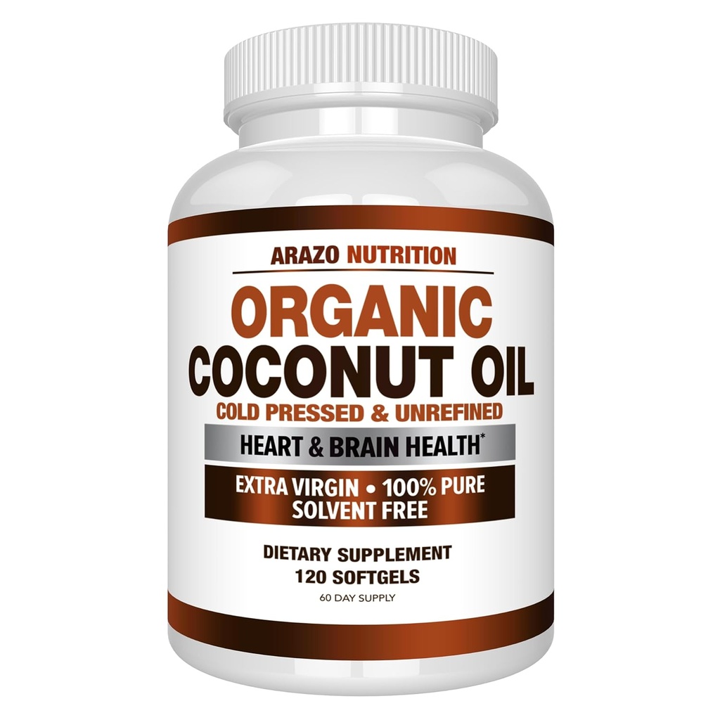 Arazo Nutrition Organic Coconut Oil 2000 MG - 100% extra Virgin Unrefined Cold Pressed for Weight Support, Haut, Haar, Nägel - 120 Softgel Kapseln