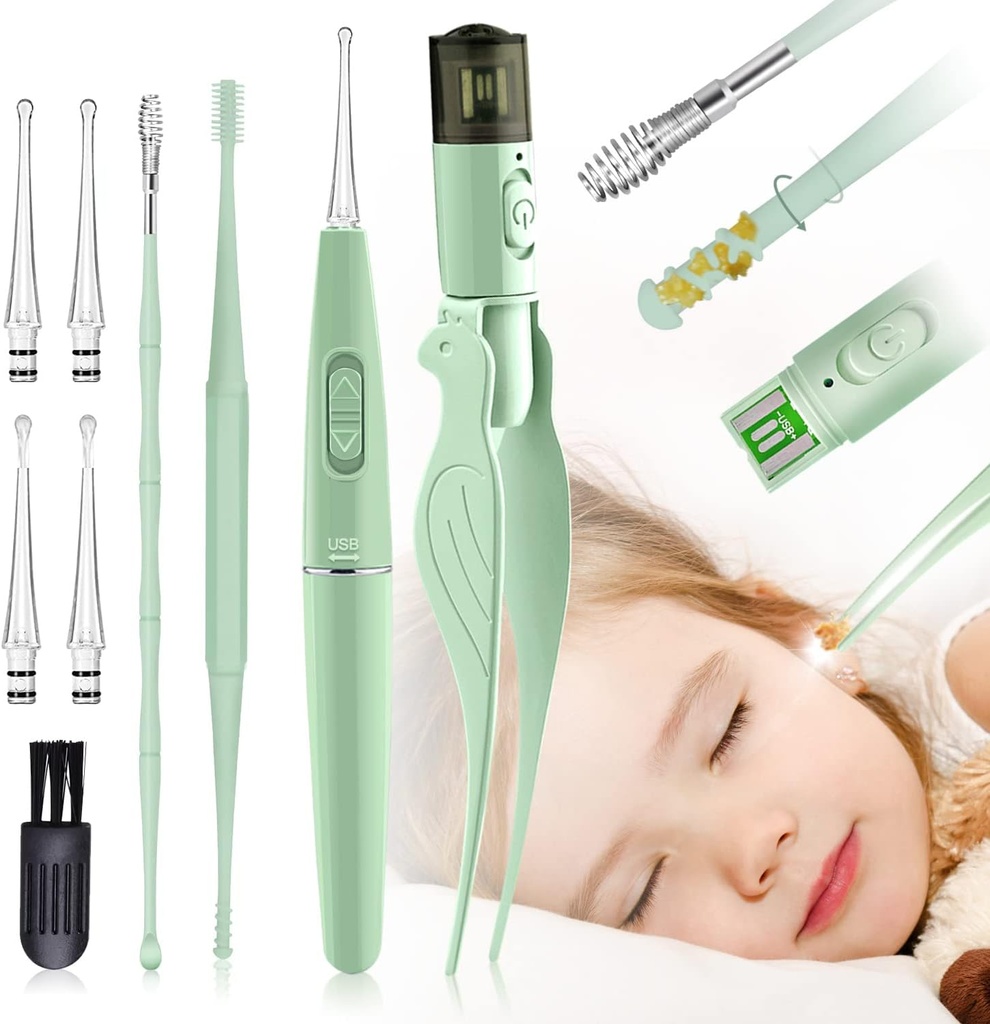 Ear Wax Removal Tools,9 Pack Ear Cleaning Tool,Ear Pick mit 2 LED-Leuchten,Built-in USB Ear Wax Remover für Kinder und Erwachsene