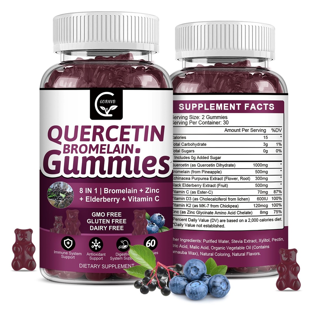 Quercetin-Gummien mit Bromelain 2378mg - Mischung mit Elderberry, Echinacea Purpurea Extract, Zink, Vitamin C,D3,K2, Complex unterstützt Immun, Herz-Kreislauf- & Atemwege, Vegan Gummy für Erwachsene & Kinder