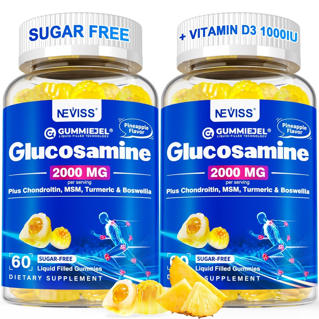 Zuckerfreie Glucosamin gefüllte Gummie - Glucosamin Ergänzung Plus Chondroitin, MSM, Turmeric, Boswellia, Hyaluronsäure, Vitamin D3 & Zink, 120 Gummi, 60 Servierungen