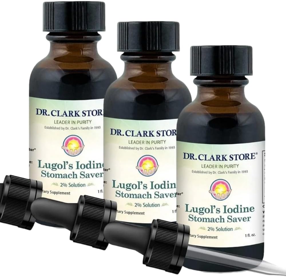 Dr. Clark Lugol’s Iodine 2% Lösung - Aqueous und 2% Granular Iodine - Natural Stomach Relief und Healthcare - 1 fl. Oz mit einem Dropper 3Pack