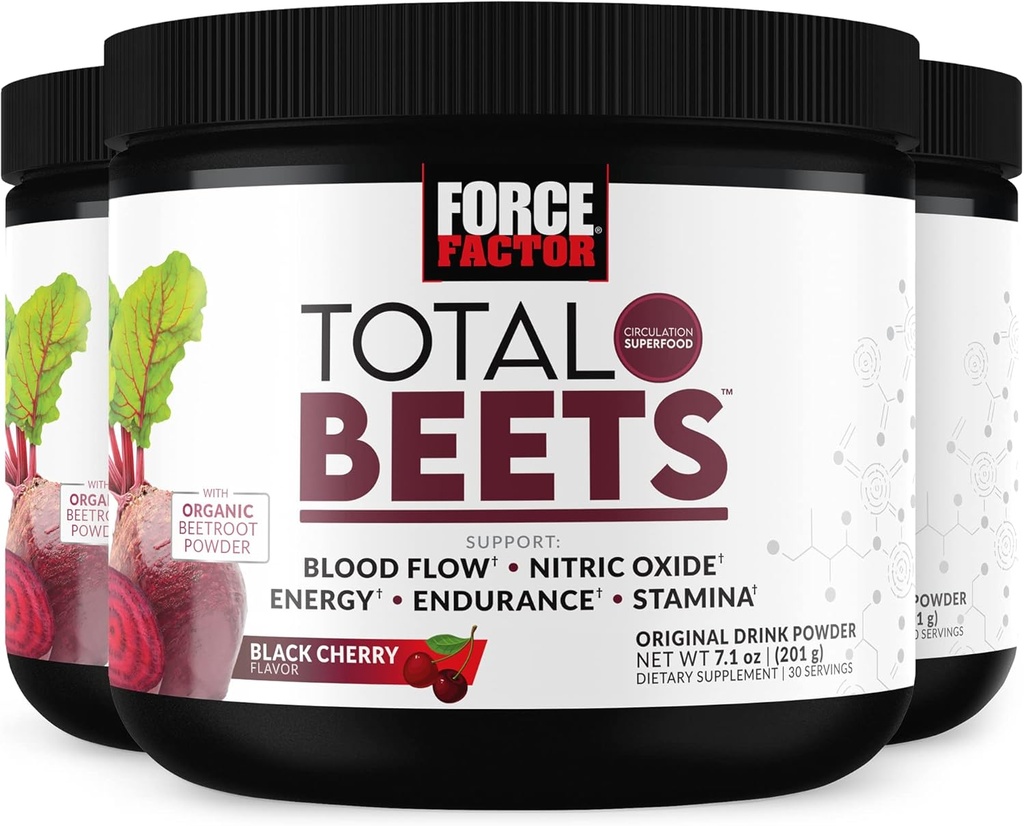 FORCE FACTOR Total Beets Superfood Beet Root Powder 3-Pack, Nitrate zur Unterstützung von Zirkulation, Blutfluss, Stickstoffmonoxid, Energie, Ausdauer, Stamina, Herz-Kreislauf-Ergänzung, 90 Portionen