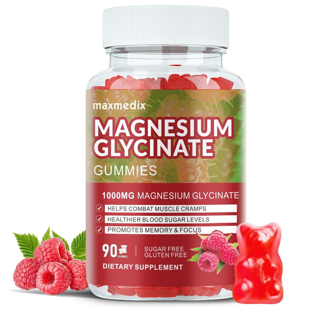 Magnesium Glycinate Gummie 1000mg, Sugar Free Magnesium Kalium Ergänzungen für Erwachsene mit L-Threonate für Schlaf, Körperunterstützung und Entspannung,90 Raspberry Gummis
