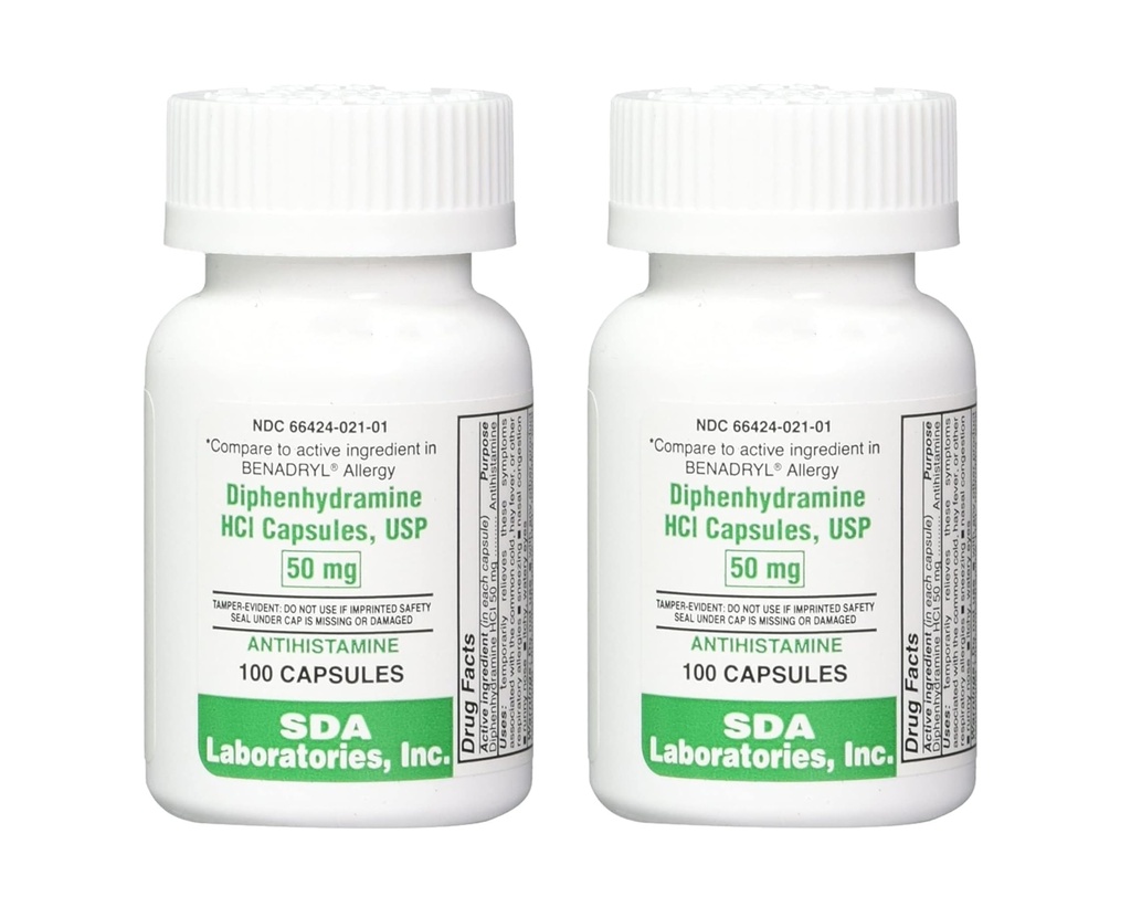 LABORATOIRES SDA Diphenhydramine 50mg, Allergie Relief, Antihistamine Capsules, Formule à action rapide pour éternuer, Runny Nez & Itchy Eyes – 100 Compte (2 Pack)