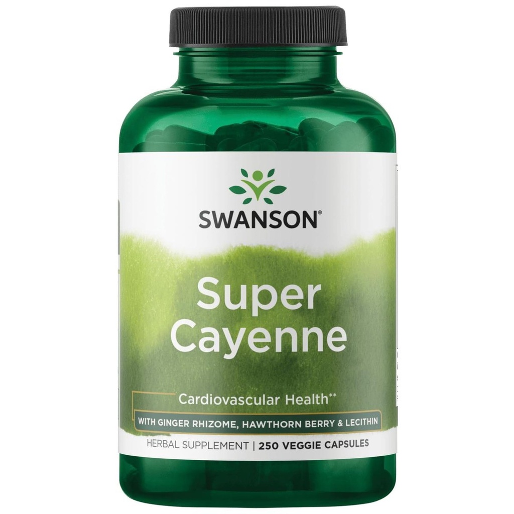Swanson Super Cayenne - Kräuterergänzung Förderung Herzgesundheit, Zirkulation & Blutfluss - Natürliche Formel w/Ginger Rhizome, Hawthorne Berry & Lecithin - (250 Veggie Kapseln)