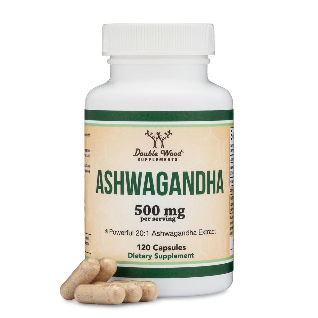 Ashwagandha Capsules, 120 Compte (500mg Extrait 20:1 Potence) Adaptogène Stress Relief par Double Wood