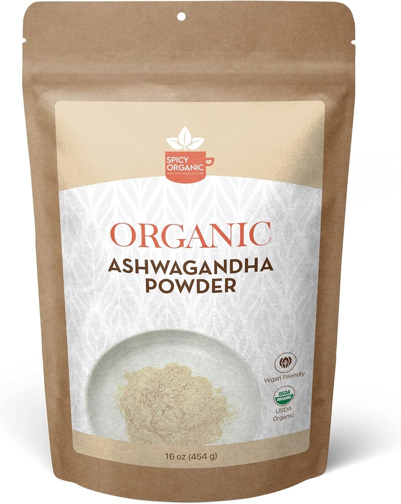 SPICY ORGANIC Organic Ashwagandha Root Powder – 1 lb., Non-GMO, 100% Raw from India – Indian Ginseng (Withania Somnifera) – Natural Stress Support, Energy & Immun Health