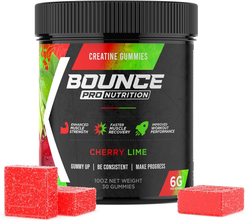 Bounce Pro Creatine Monohydrate Gummie für Männer & Frauen, Low Calorie, 6G Kreatin pro Servierung, Vegan, Anti-Melting, Glutenfrei, Non-GMO, 2g Kreatin pro Gummy (30ct, Cherry Lime)