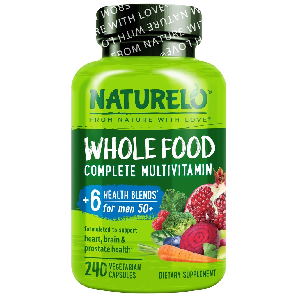 NATURELO Multivitamine d'aliments entiers pour les hommes 50+ - avec des vitamines, minéraux, extraits de plantes organiques - Végétarien végétalien - pour l'énergie, le cerveau, le coeur et la santé des yeux - 240 capsules