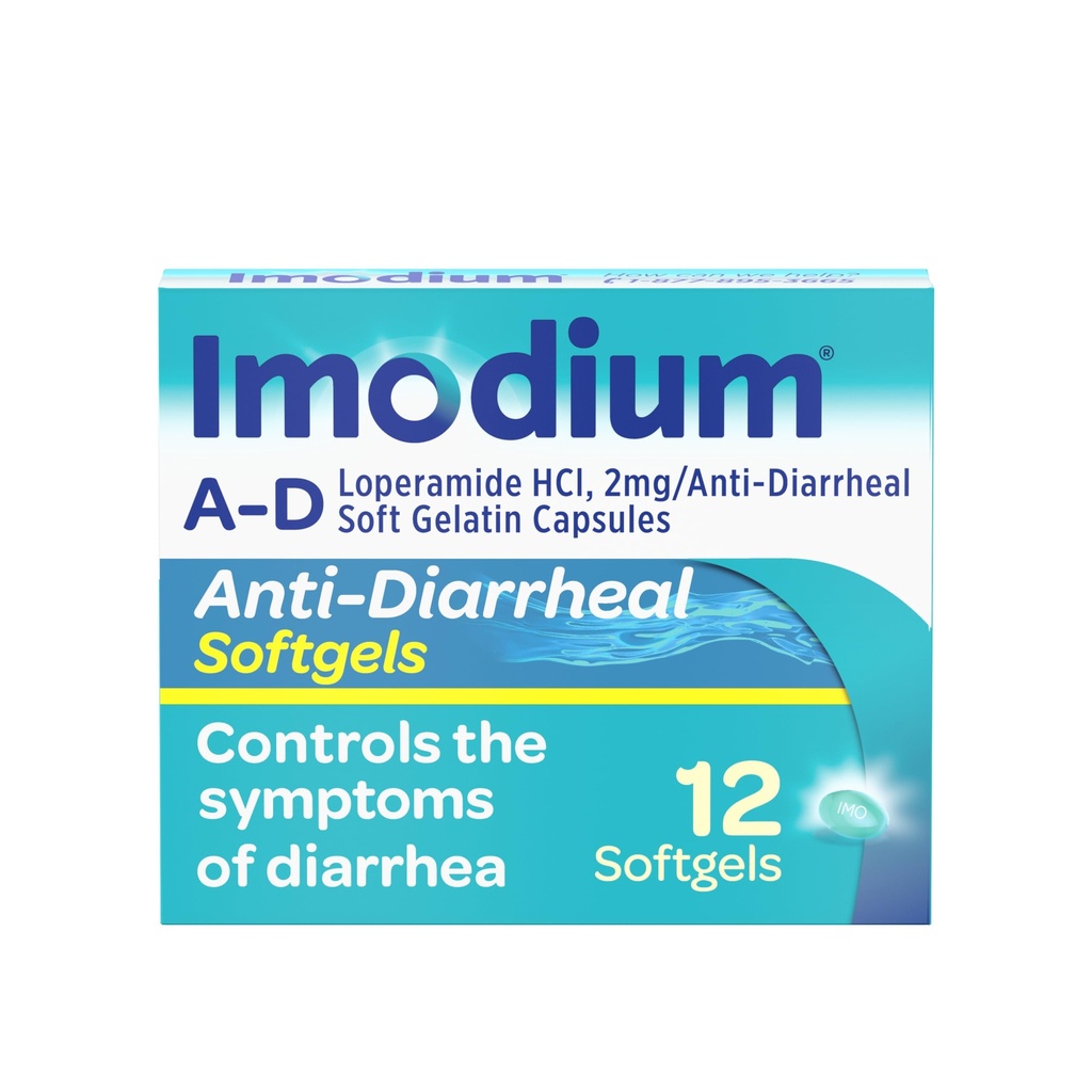Imodium A-D Diarrhée Relief Softgels with Loperamide HCl, Anti-diarrhée médecine pour aider à contrôler les symptômes de la diarrhée en raison de la diarrhée aiguë du voyageur, HSA/FSA admissible, 12 ct