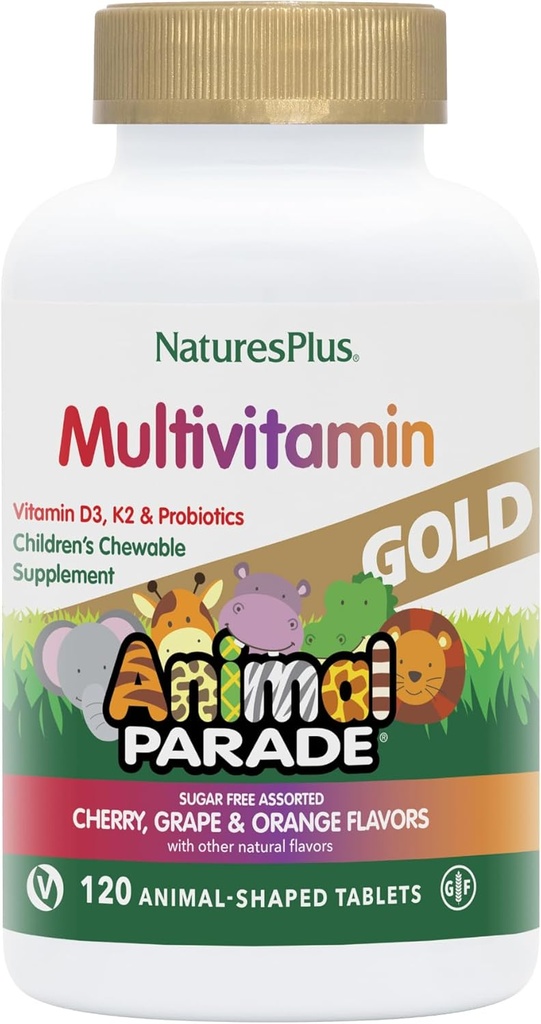 Natures Plus Animal Parade Gold Children's Multivitamin - Assorted Cherry, Orange & Grape Flavors - 120 Chewable Animal-Shaped Tablets - Vegetarian, Gluten Free - 60 Servings