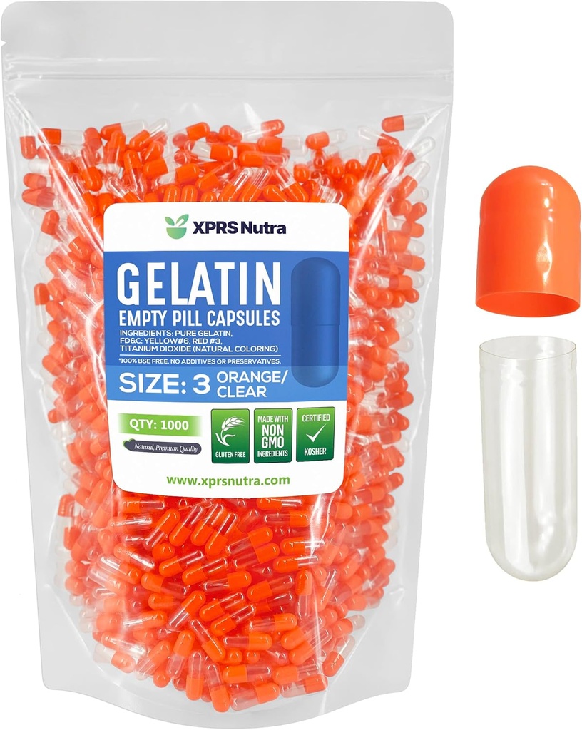 XPRS Nutra Taille 3 Capsules vides - 1000 Compte Capsules de gélatine vides - Pills Bricolage Capsule Remplissage - Pure Pilule de Gel de Pilule de Bovine Remplissant pour Do-It-Youlf Vitamines et Suppléments (Orange/Clear)