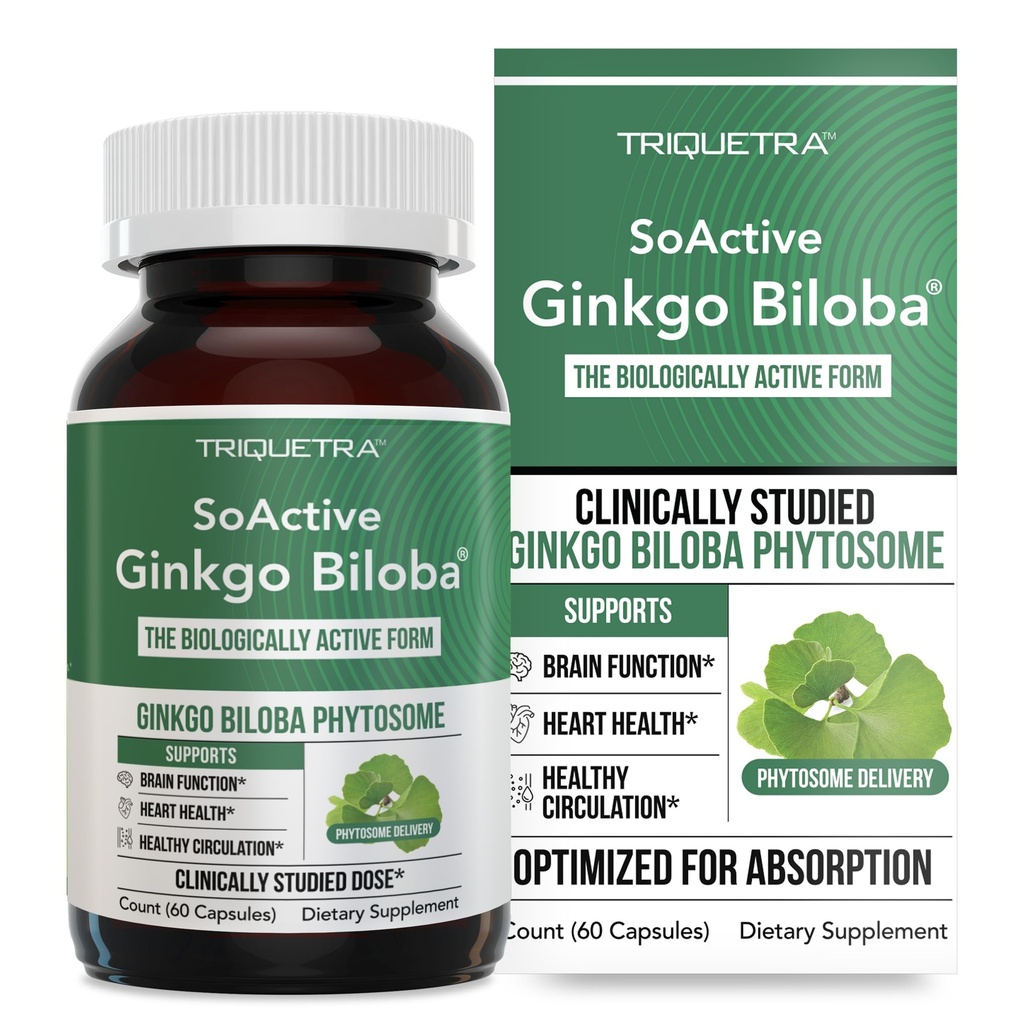 SoActive Ginkgo Biloba mit GinkgoSelect® Phytosome | Klinisch untersucht Enhanced Absorption für Gehirn, Herz- und Gedächtnisunterstützung – 180 mg – Hilft bei der Aufrechterhaltung von Zirkulation & Kognitive Gesundheit (60 Kapseln)