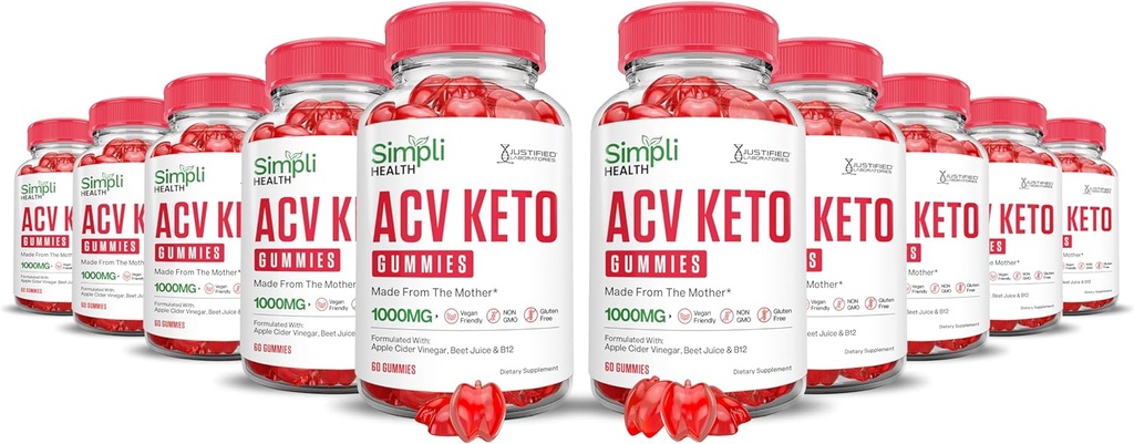 (10 Pack) Simpli Health Keto ACV Gummies Fortgeschrittene Formel 1000MG Ketonatur Keto Gummies Apfel Apfel Apfelessig Formuliert mit Granatapfel-Essigpulver B12 Vegan Non GMO 600 Gummys