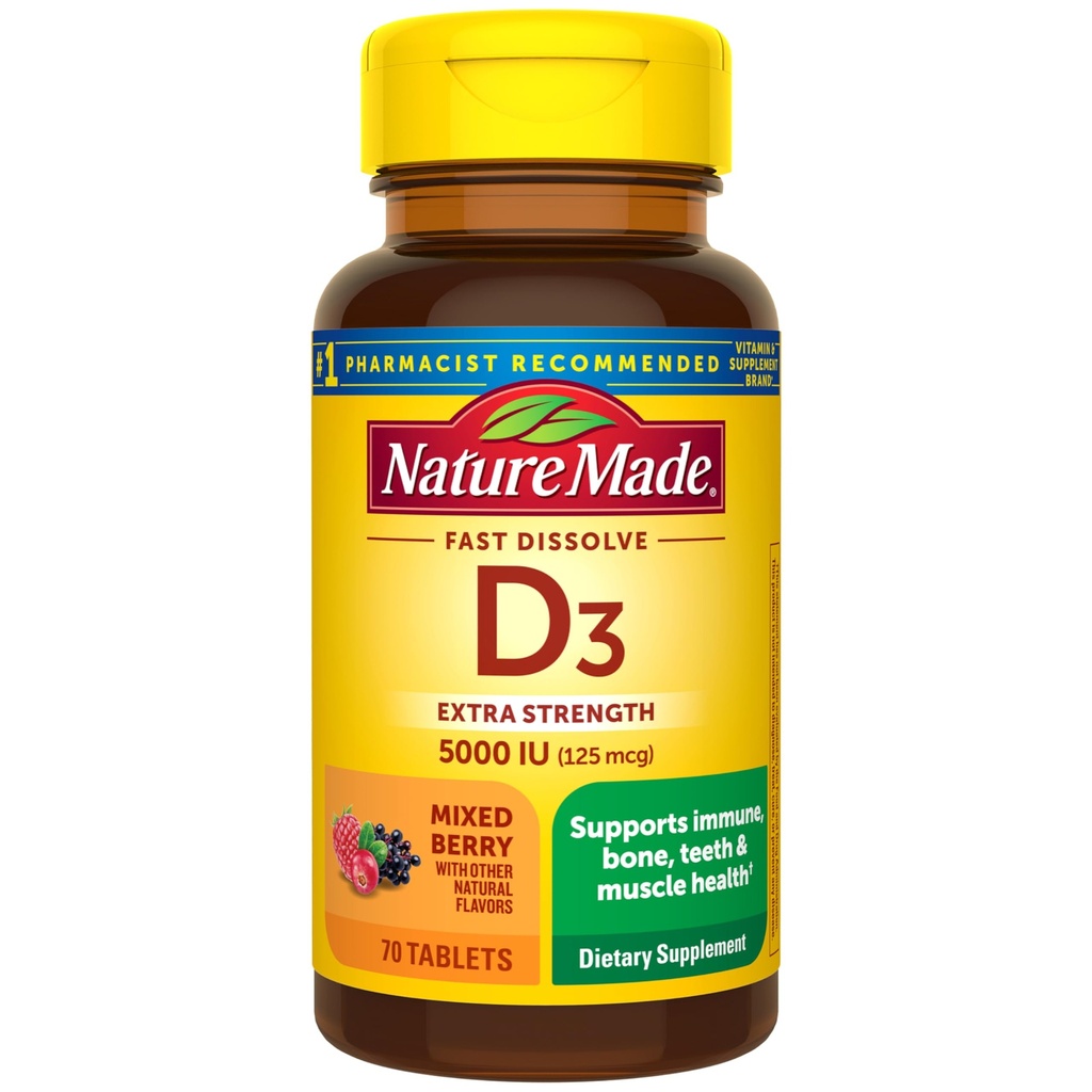 Nature faite de vitamine D3 5000 UI (125 mcg) Extra force, supplément de vitamine D pour le soutien immunitaire, 70 comprimés sans sucre rapidement dissous, 70 jours d'approvisionnement