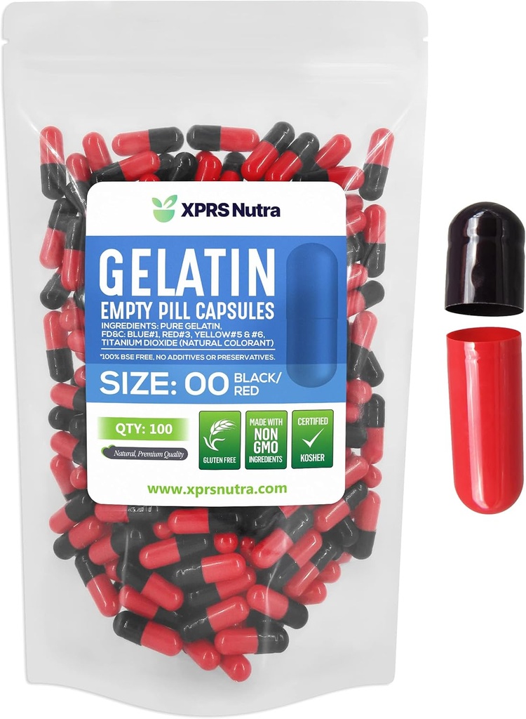 XPRS Nutra Taille 00 Capsules vides - 100 Capsules de gélatine vides de compte - Pills Bricolage Capsule Remplissage - Capsules de gel de pilules rechargeables pour compléments Do-It-Youlf (Noir/Rouge)