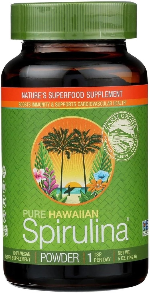 Poudre de Spiruline Hawaïenne Naturelle Premium Spiruline d'Hawaï Vegan, Non-OGM, Immunity Support - Superfood Supplément & Multivitamine Naturelle, 5 Once