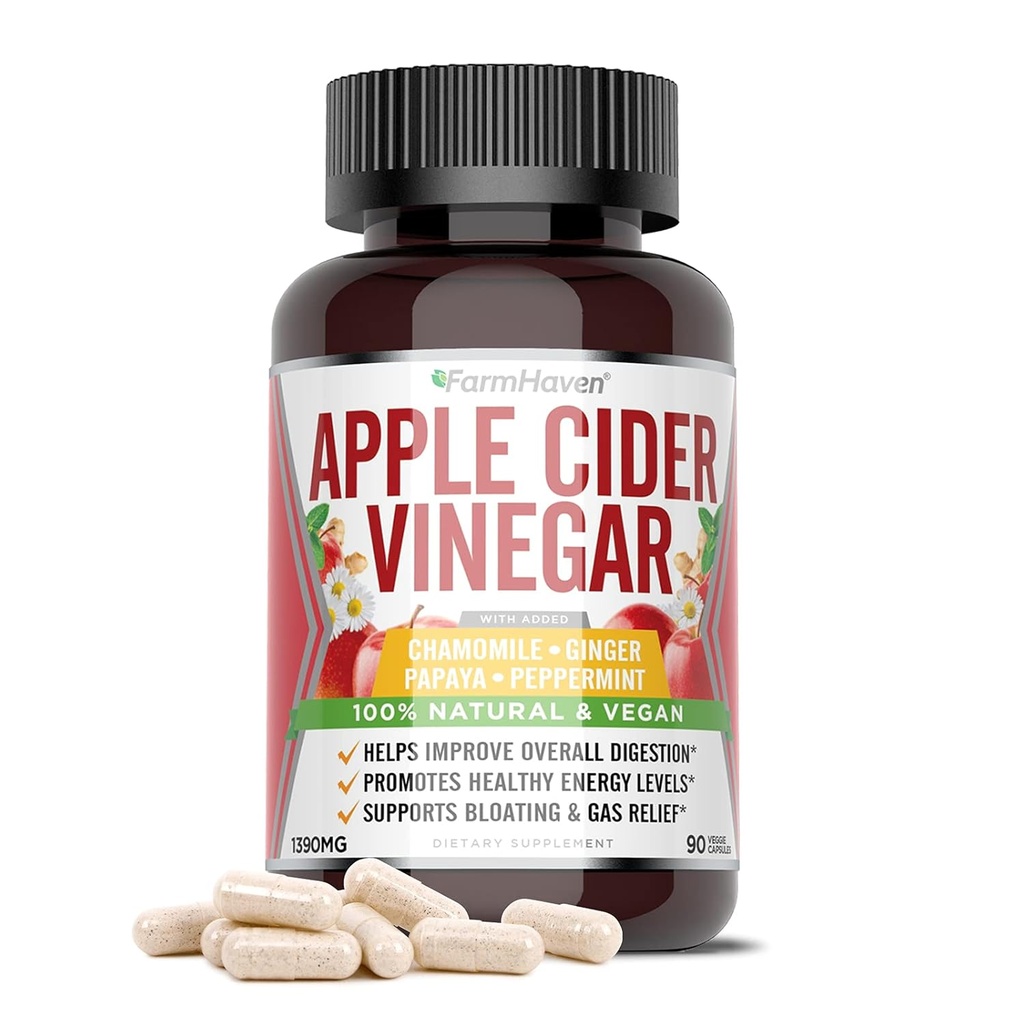 FarmHaven Apfel Apfelessig Kapseln mit Mutter, ACV Kapseln mit Mutter 1390MG, Apfelessig Pillen mit Ingwer, Apfelessig Pillen für Verdauung Gesund, Essig Tabletten mit Mutter
