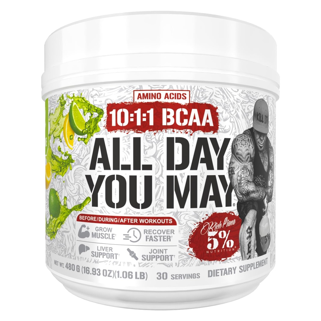 5% Ernährung Rich Piana AllDayYouMay BCAA Powder | Premium Intra & Post Workout Aminosäuren, Hydration, Endurance, Muskel-Recovery, Joint & Liver Support oz 15,3 oz, 30 Servierungen (Lemon Lime)