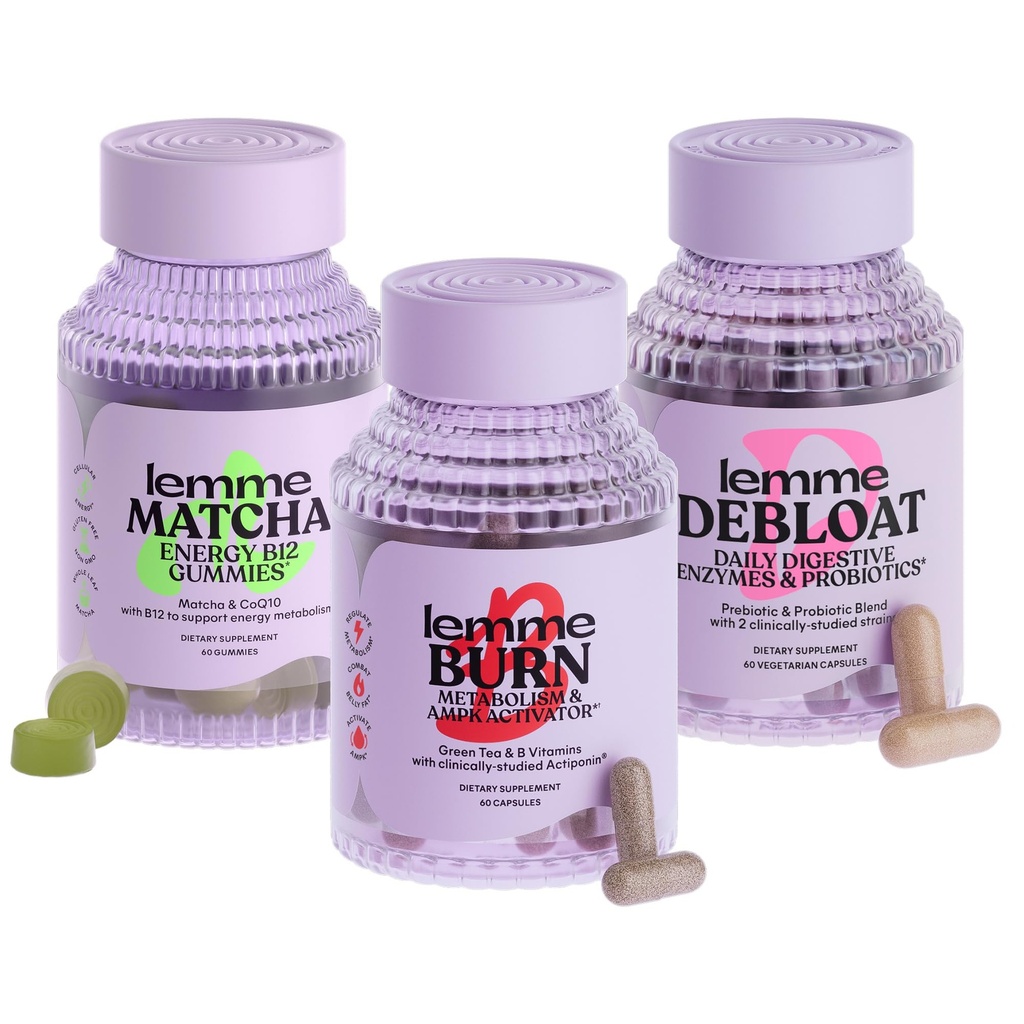 Lemme Burn, Debloat & Matcha Bundle - Metabolism & Fat Burning Capsules + Bloating & Gas Relief Capsules + Energy B12 Gummies - Glutenfrei, Non-GMO - 60 ct. ea