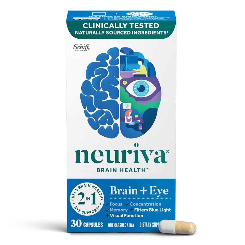 NEURIVA Cerveau + Supplément œil pour mémoire, focus et concentration avec lutéine et vitamines A C E et zinc pour la santé des yeux et Zeaxanthin pour filtrer la lumière bleue, 30ct Capsules