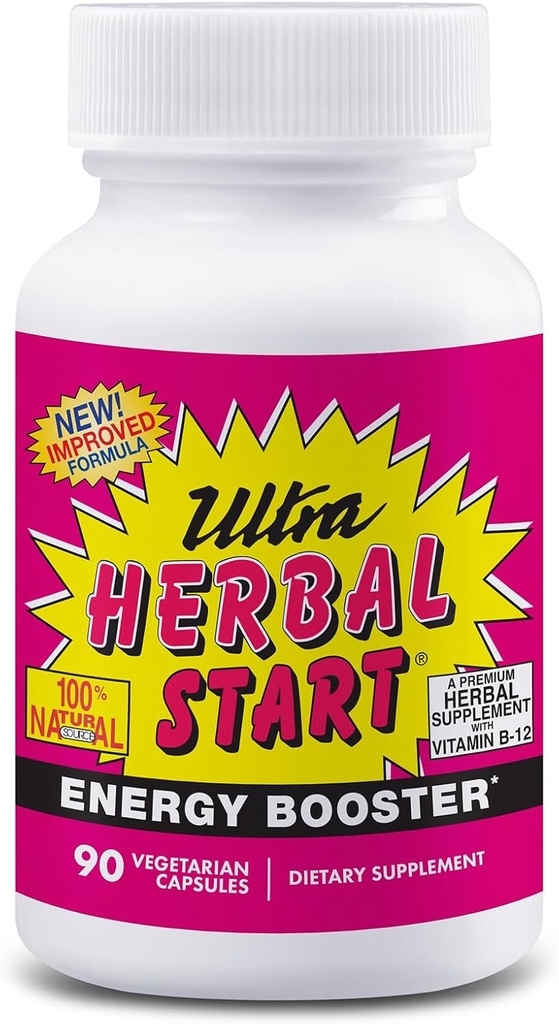 Ultra Herbal Start Energy Booster - mit B-12, Panax Ginseng, Yerba Mate, Kola Nut, Spirulina & Echinacea | Fördert natürliche Energie, Stamina & Endurance | Supplement - 90 Kapseln