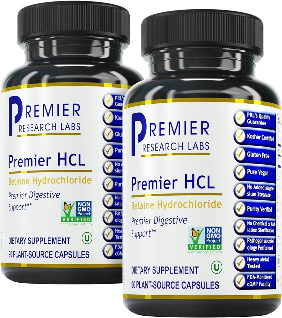 Premier Research Labs Premier HCL - Aids Nährstoffaufnahme & Verdauungsfunktion - Kombiniert mit HCL-Aktivator-Ergänzung - Betaine HCL für Verdauung - 90 Pflanzen-Source-Kapseln