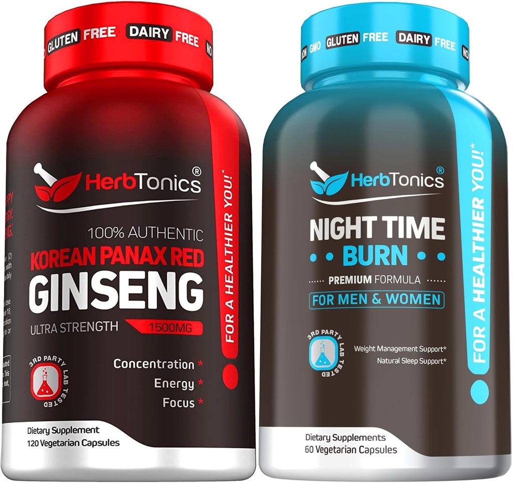 Korean Red Panax Ginseng 1500mg - High Potency Ginseng for Energy, Performance & Immune Support for Men & Women - Night Time Weight Supplement with Melatonin to Support Sleep & Metabolism