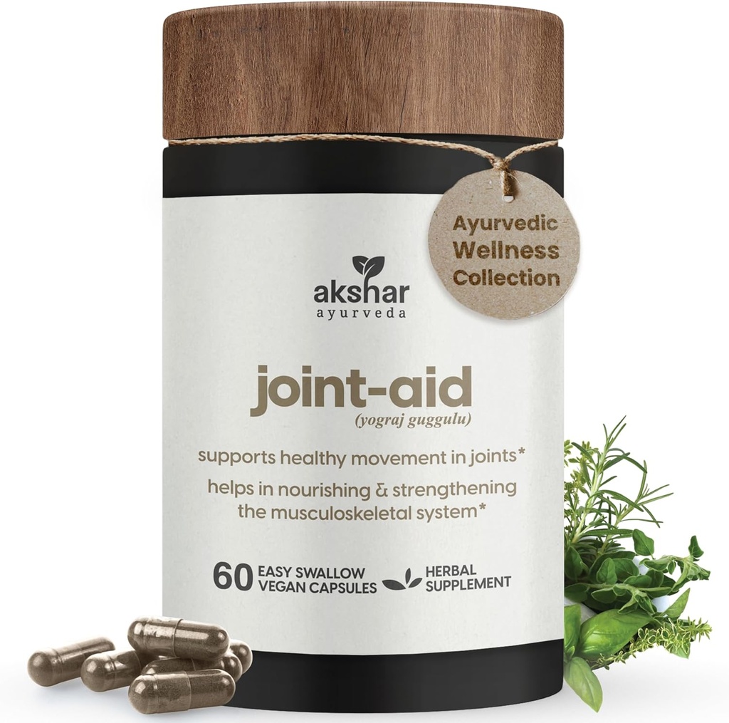 AKSHAR Ayurveda - Aide conjointe - Supplément de soutien conjoint à base de plantes indiennes pour le soulagement occasionnel de la mobilité du genou, du dos, des mains - Suppléments musculaires et des articulations sans cruauté végane (paquet de 1 (60 comte - A))