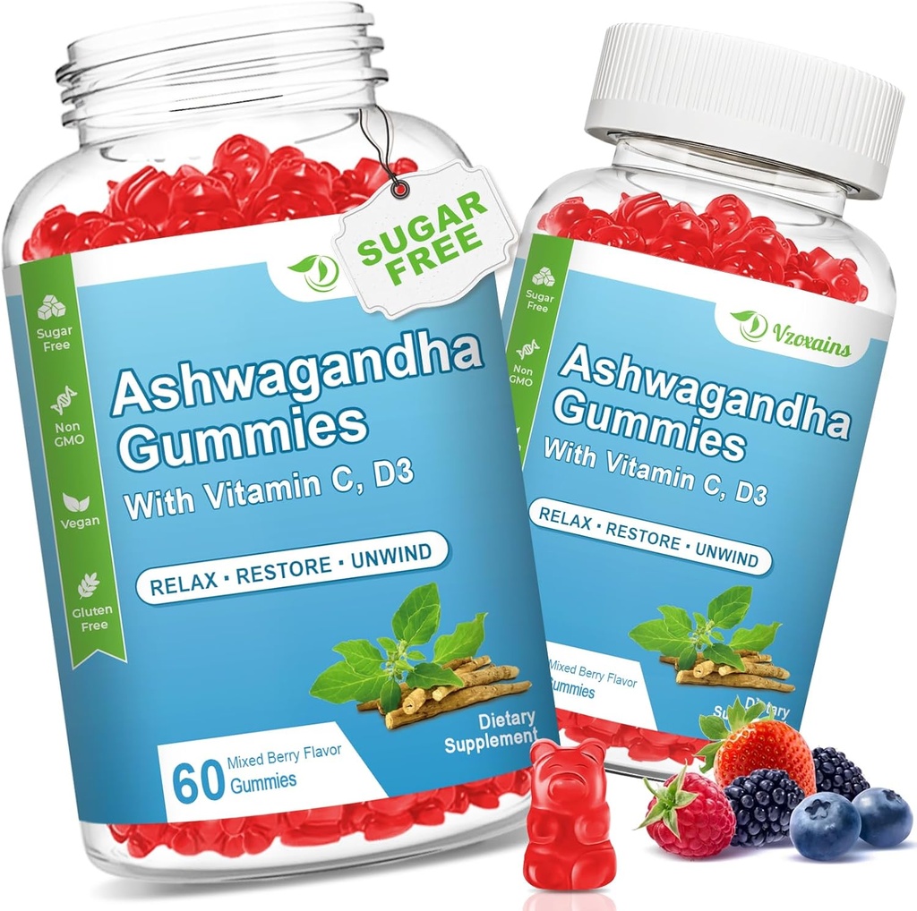 2 Pack Ashwagandha Gummis mit Vitamin D für Damen und Herren, Sugar Free Vegan 1000MG Ashwagandha Supplement Gummy & Vitamin C, 120 Count