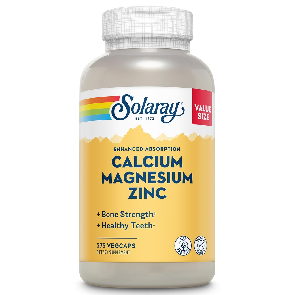 SOLARAY Supplément au zinc de magnésium de calcium - avec du calcium 1000mg, du magnésium 500mg - Santé osseuse, fonction musculaire, santé cardiaque et immunitaire - Vegan, garantie de 60 jours, 68 portions, 275 VegCaps