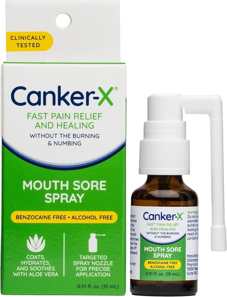 Canker-X Mouth Sore Spray, Oral Pain Relief von Canker Sores, Burns & More, No Burning & Numbing, Benzocaine-Free & Alcohol-Free Mund Ulcer Behandlung, Targeted Spray Nozzle, 0.51 Fl. Oz.