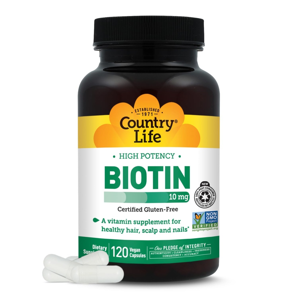 Country Life High-Potency Biotin 10mg - Vegan & Glutenfreie Biotin-Ergänzung für Haut und Nägel, Energiemetabolismus - Biotin 10000mcg Kapseln
