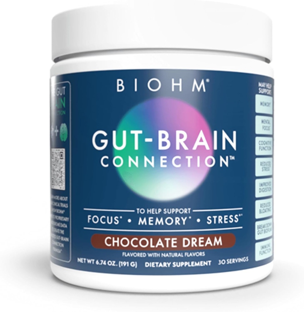 BIOHM Gut-Brain Connection Memory & Focus Supplement (6.74 Oz, 30 Portionen) unterstützt Gut Health & Cognitive Well-Being, hilft Mood, Probiotika, Lion's Mane & Bacopa Monneiri, Schokolade Flavor