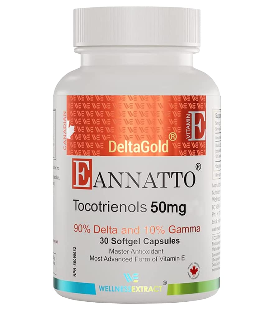WELLNESS EXTRACT Eannatto Tocotrienols Deltagold Vitamin E ergänzt Softgels, Tocopherol Free, unterstützt Immungesundheit, Non-GMO, Gluten Free & Antioxidant (50MG 30 Softgels).