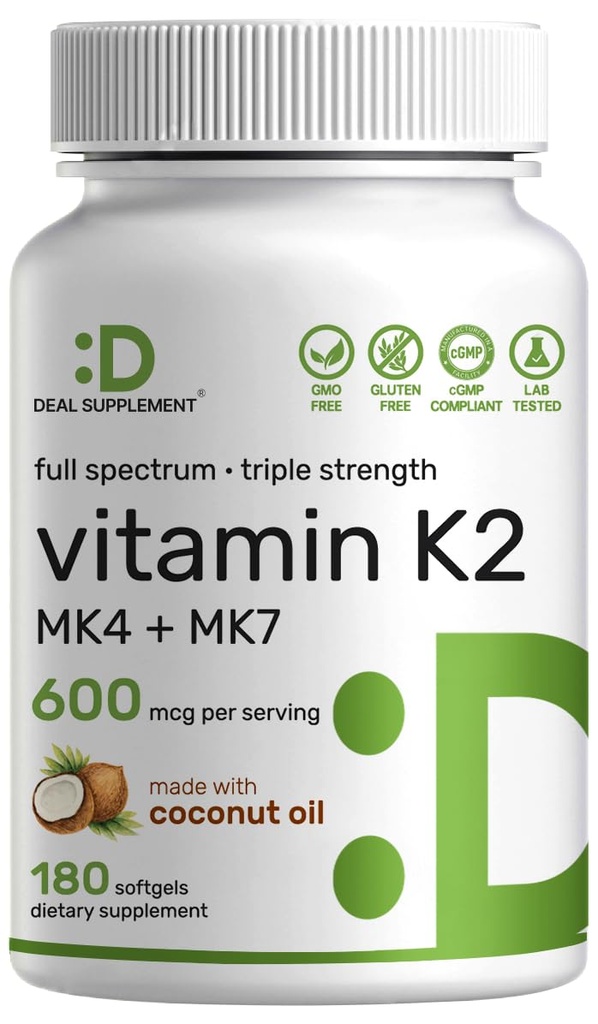 DEAL SUPPLEMENT Vitamin K2 Supplement 600mcg, 180 Kokosöl Softgels | Full Spectrum Hohe Absorption MK-7 & MK-4 Formen | Knochen, Gelenk & Immununterstützung – Non-GMO