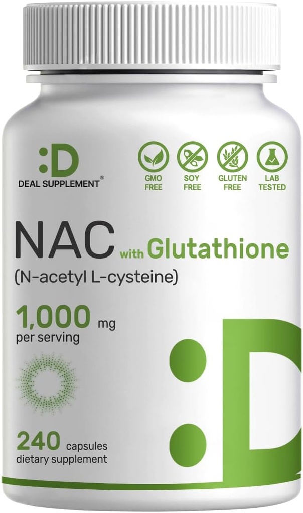 SUPPLÉMENT DE DÉAL Supplément NAC (N-acétyl Cystéine) 1 000 mg par portion avec du glutathion réduit, 240 capsules – antioxydant pour la santé immunitaire, le poumon et la fonction hépatique